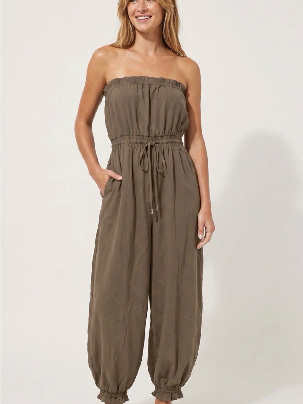Naked Zebra Olive Strapless Jumpsuit with Drawstring Waist